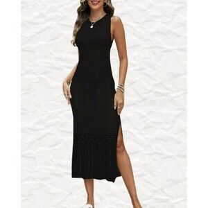 NEW! "Alsol Lamesa" Black Crochet Midi Length Swimsuit Cover-Up Size L NWT